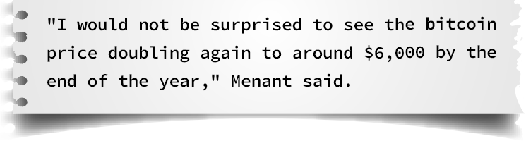 'I would not be surprised to see the bitcoin price doubling again to around $6,000 by the end of the year,' Menant said.