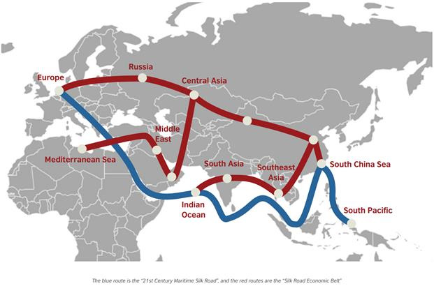 The ‘Belt’ – dark red line – consists of land routes from China, through Central Asia into Europe